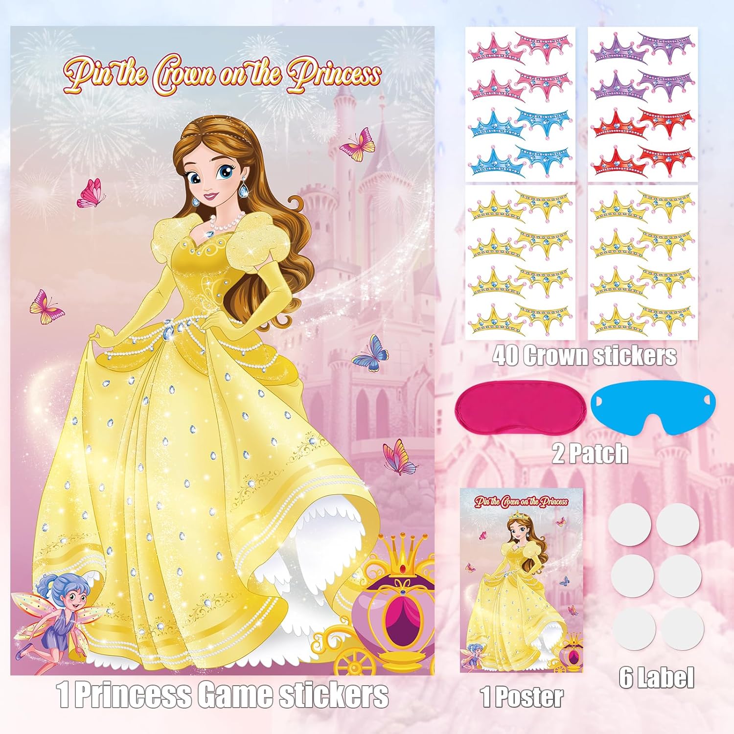 Pin The Crown on The Princess Party Game with Belle Poster and Stickers