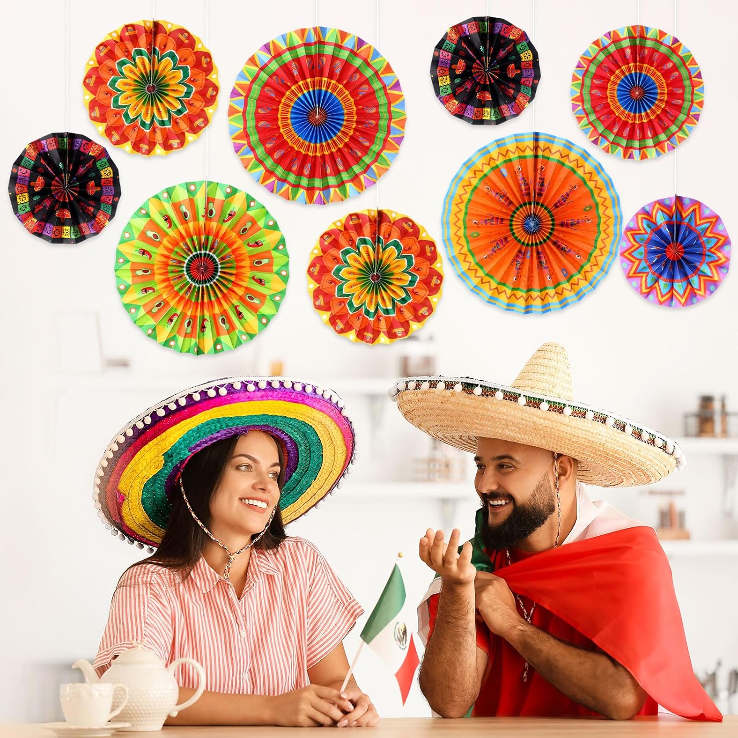 Outus 9 Pcs Mexican Fiesta Hanging Paper Fans Decorations