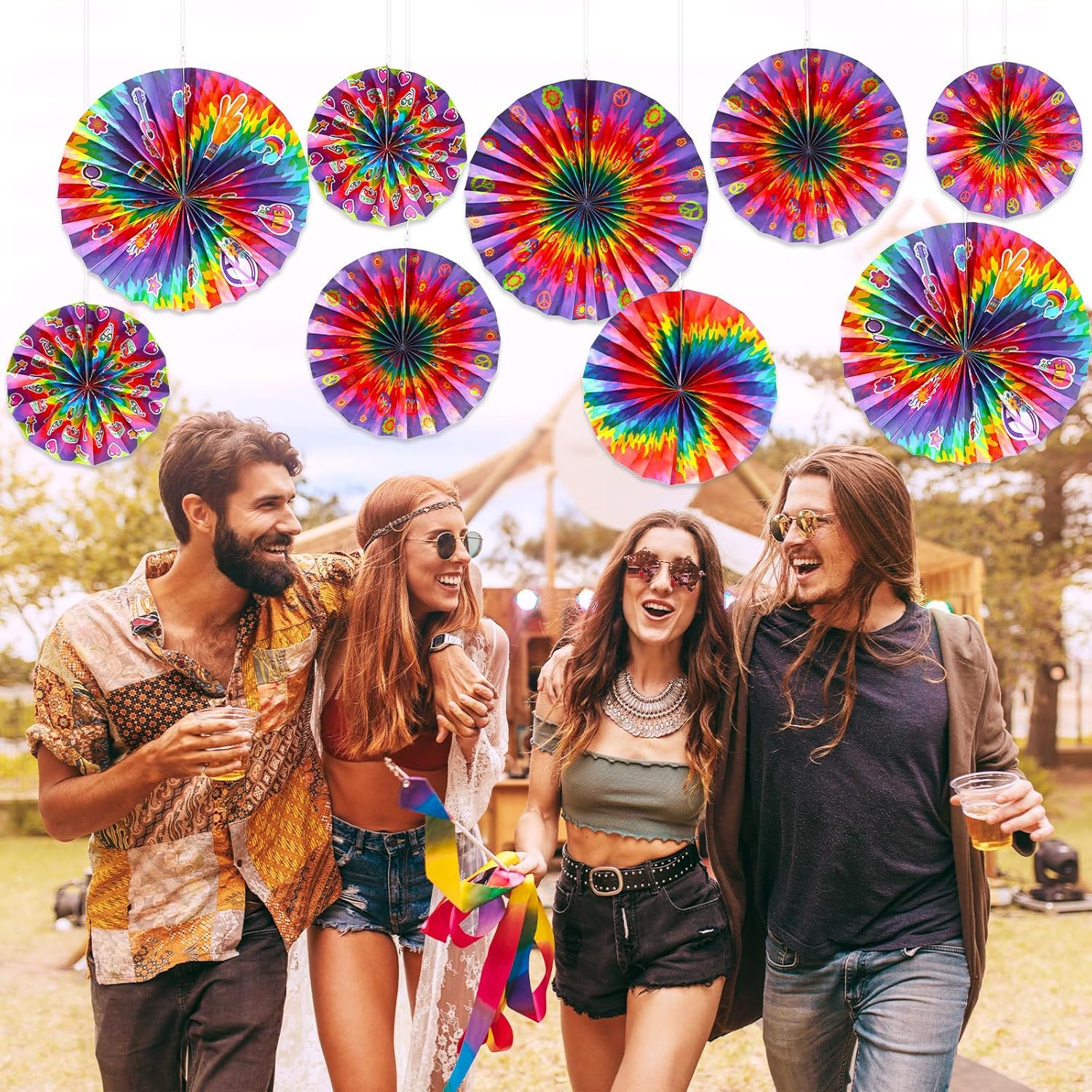 Outus 9 Pcs Tie Dye Party Fans Decorations