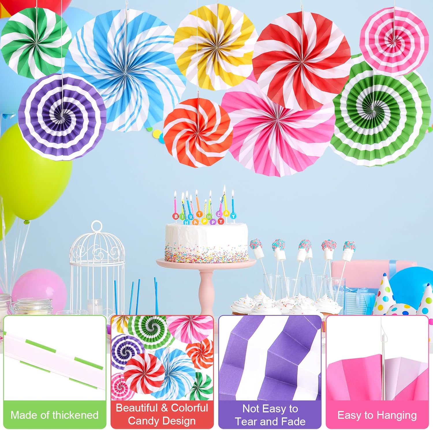 9 Pcs Candyland Themed Paper Fans for Party Decorations