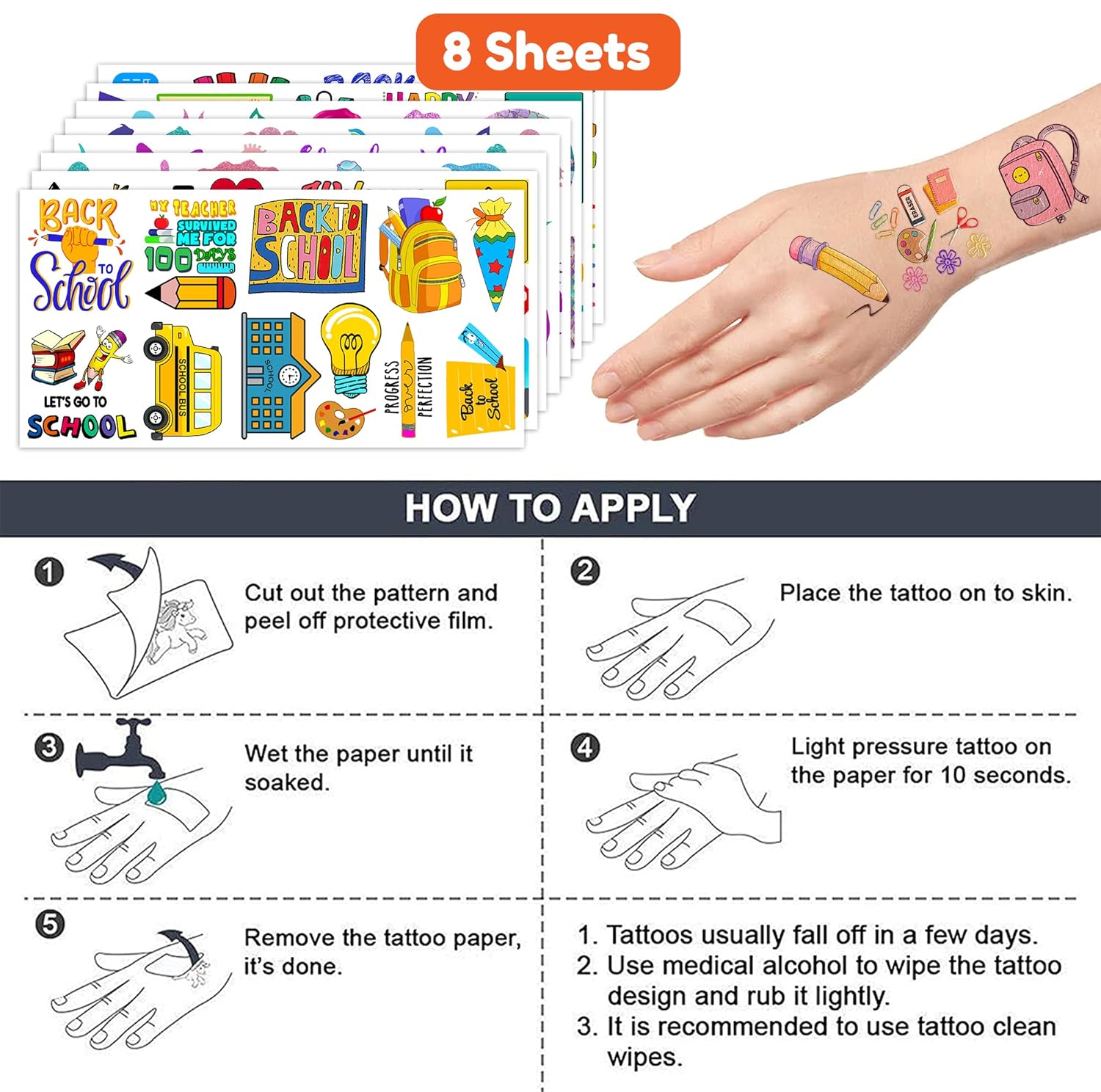 Welcome Back To School Temporary Tattoos 96 PCS Stickers