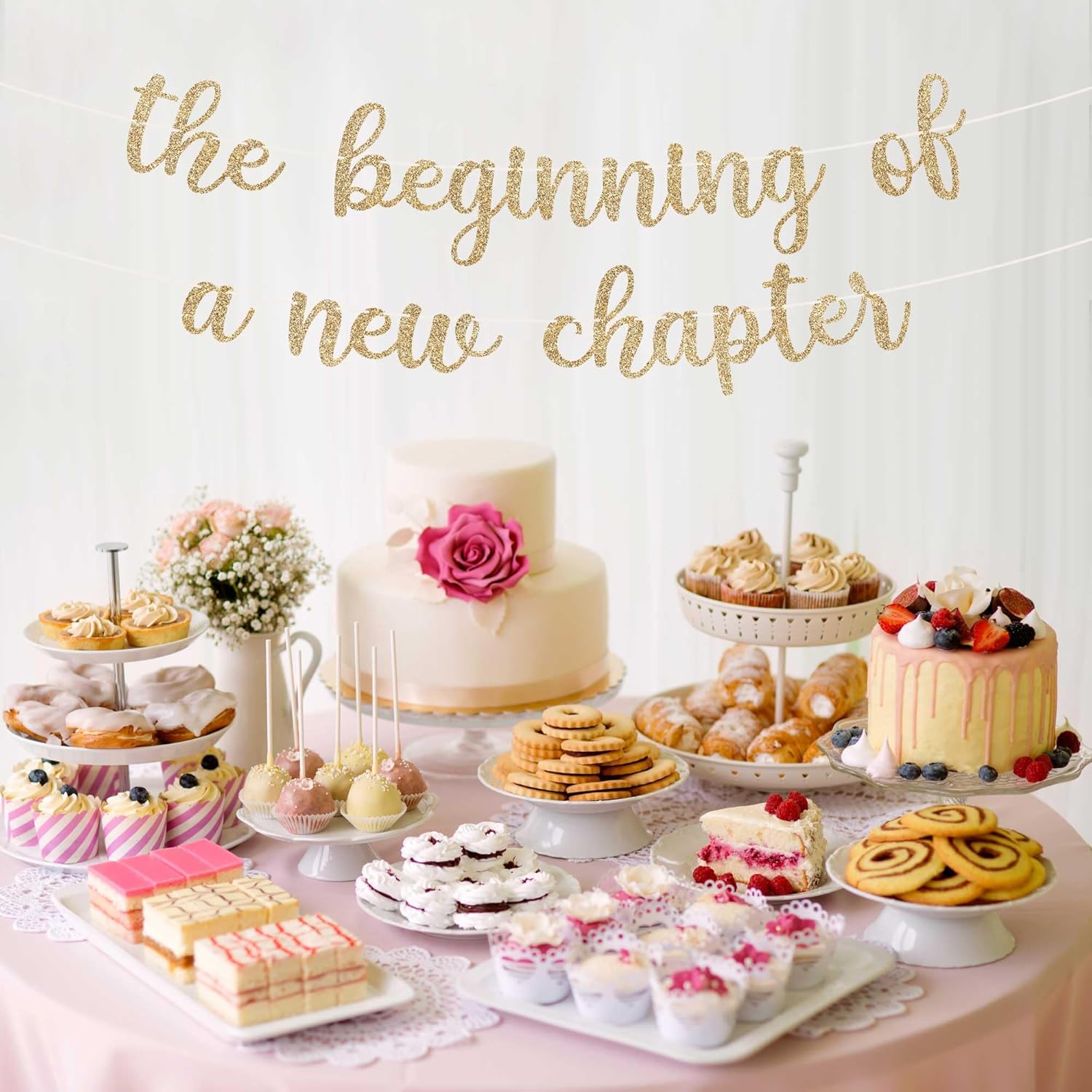 Pre-Strung New Chapter Banner - Gold Glitter Party Decor