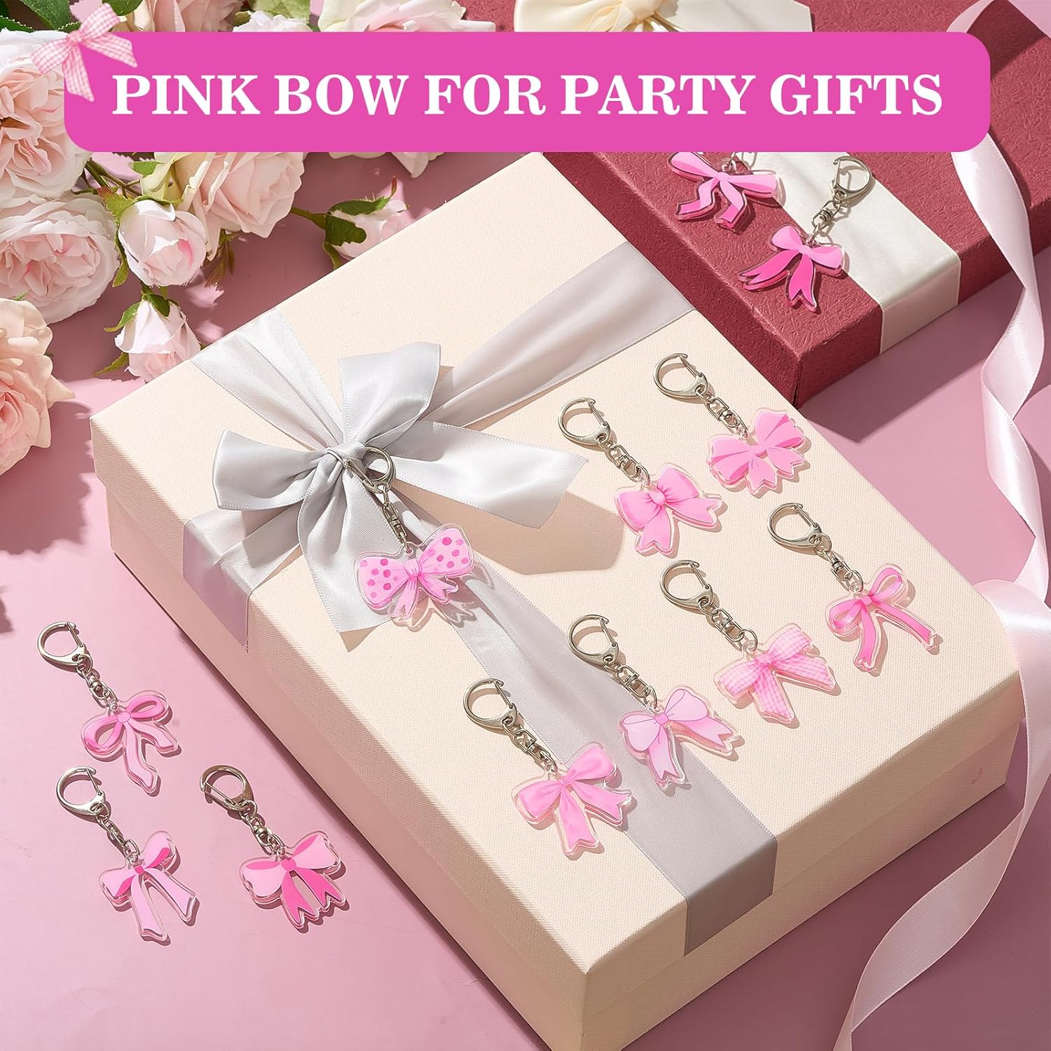 24 Pcs Pink Bow Keychain Party Favors Set