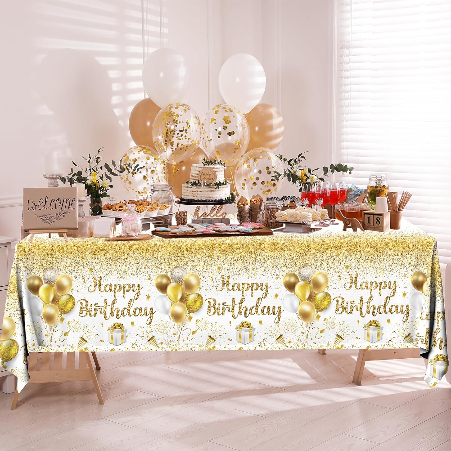 Happy Birthday Tablecloths 3pcs Gold White Party Decor
