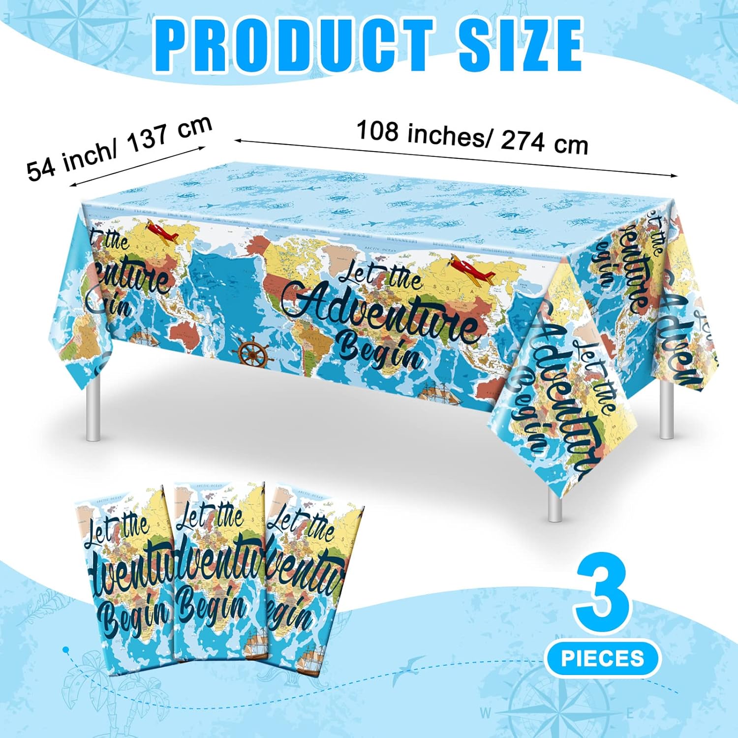 Frienda 3 Pcs Travel World Map Tablecloth Set Blue