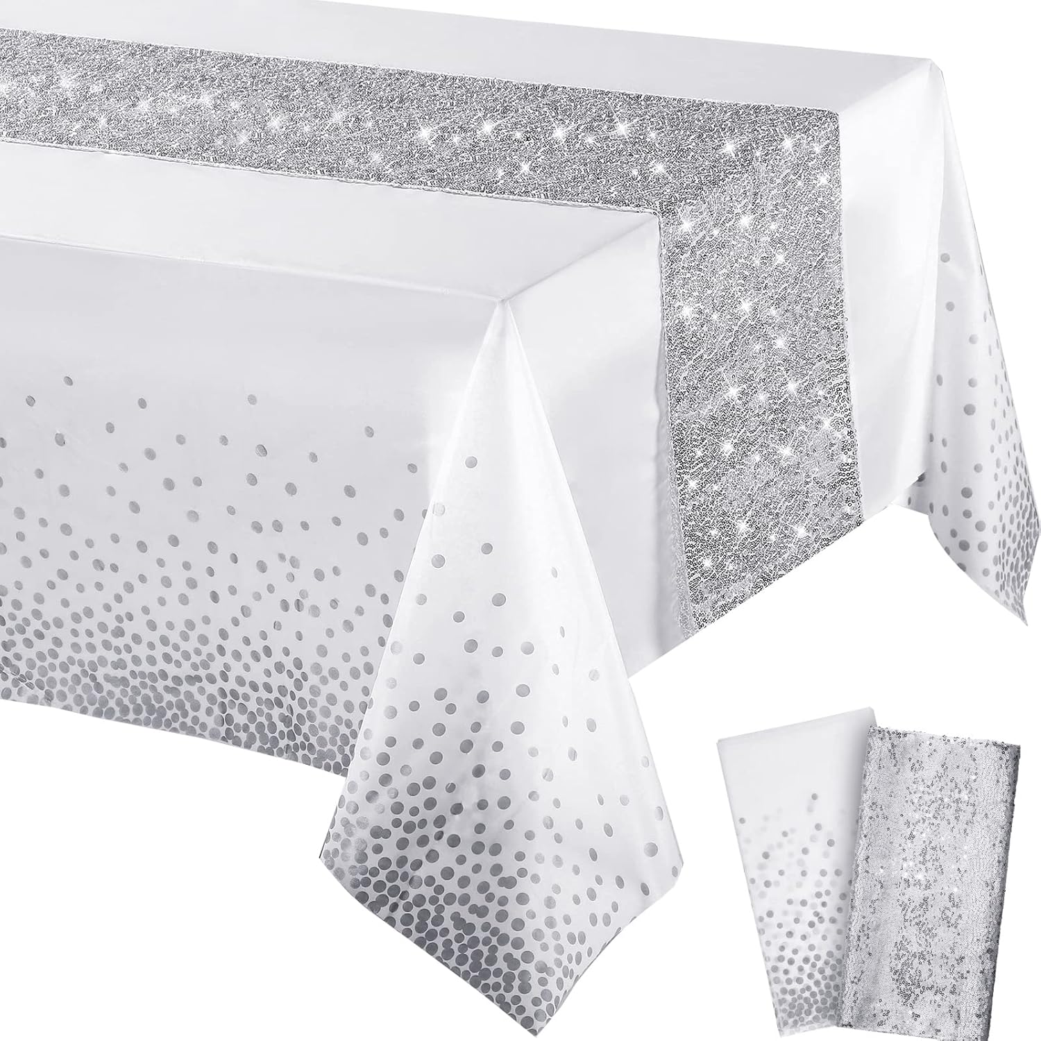 Irenare Tablecloth and Sequin Table Runner Set with Polka Dots and Glitter