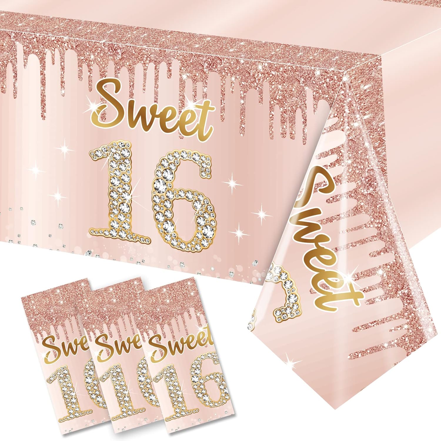 Sweet 16 Pink Rose Gold Birthday Tablecloth Decorations 3 Pack