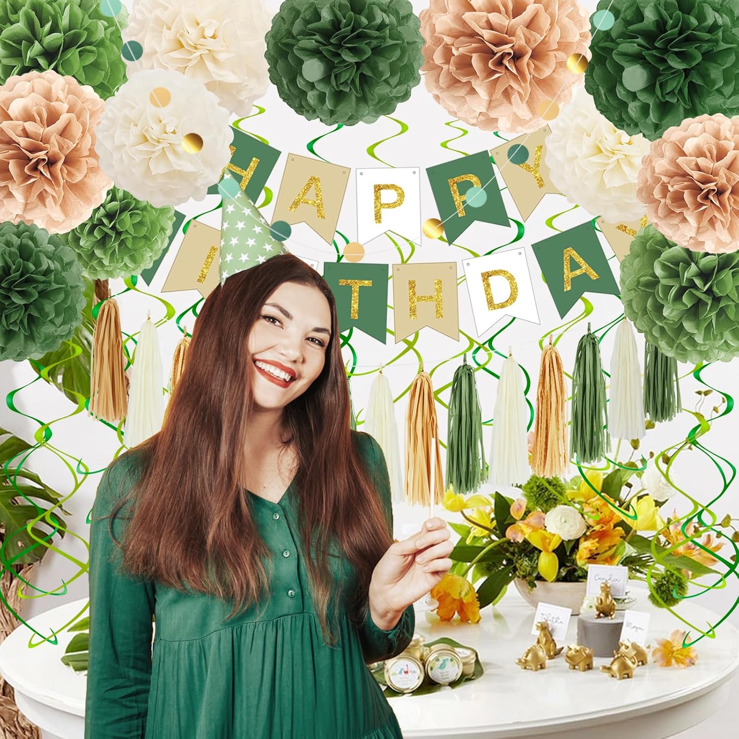 Green Birthday Decorations Kit with Pom Poms and Banner