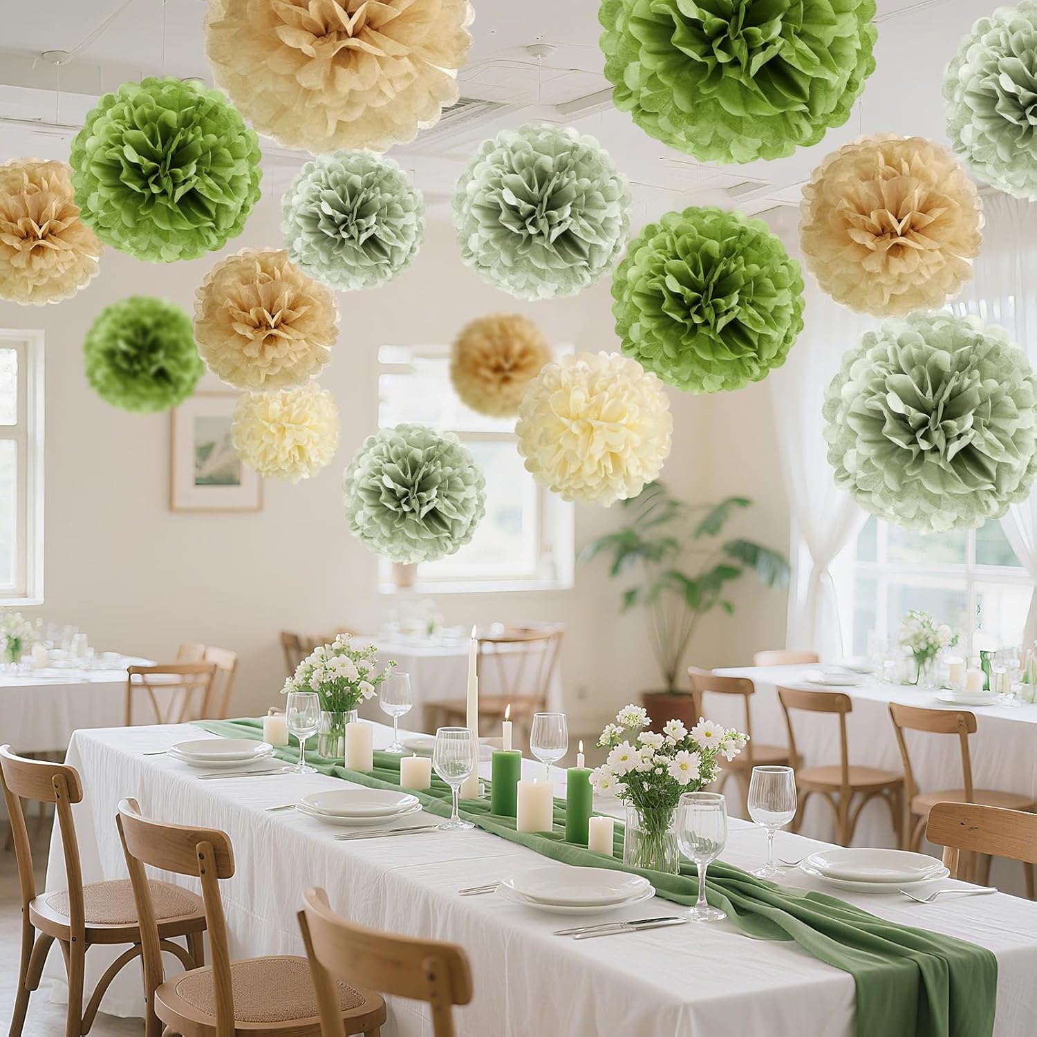 Sage Green Tissue Paper Pom Poms 15PCS Decor Set