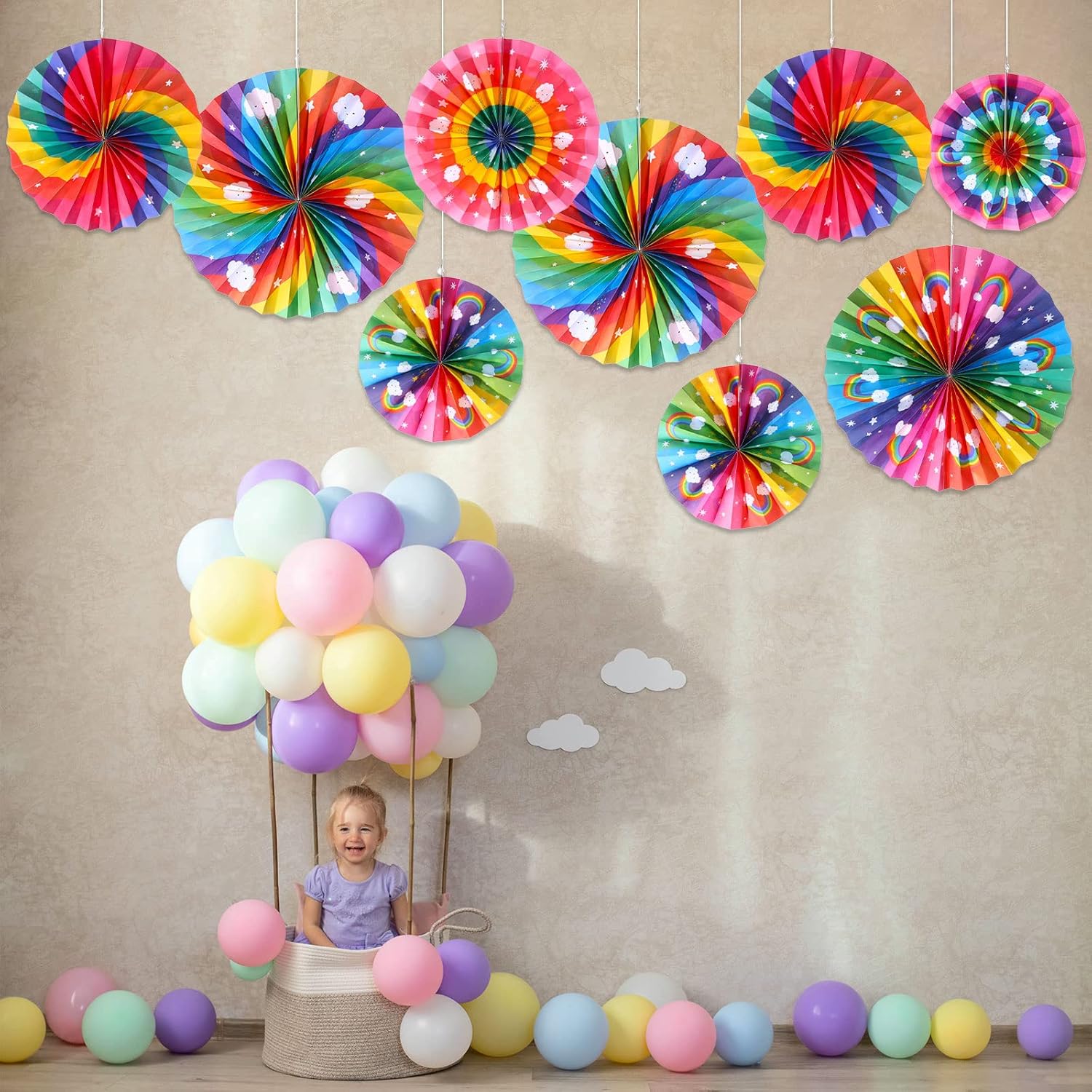Outus 9 Pcs Rainbow Party Decor Paper Fans