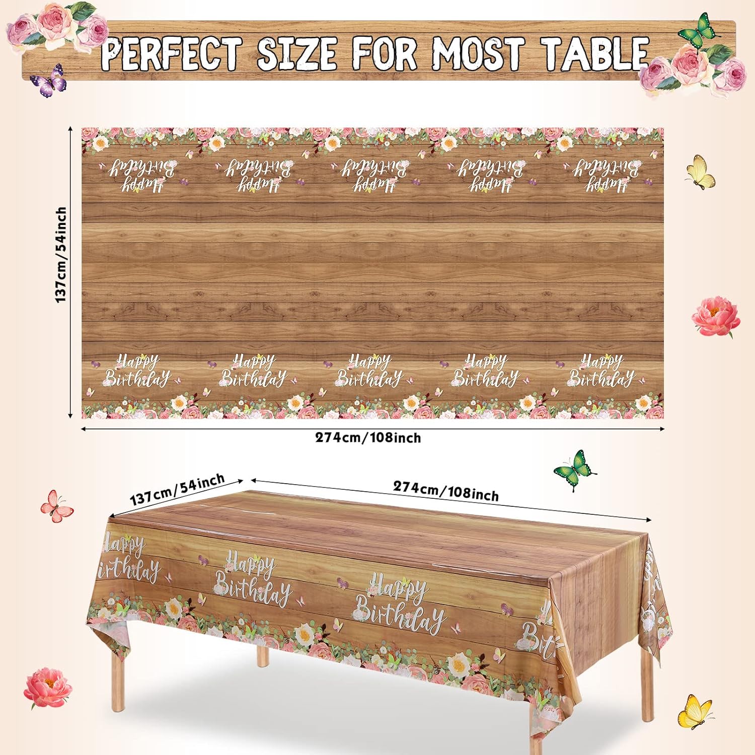 Floral Birthday Tablecloths with Butterfly Design 3 Pcs