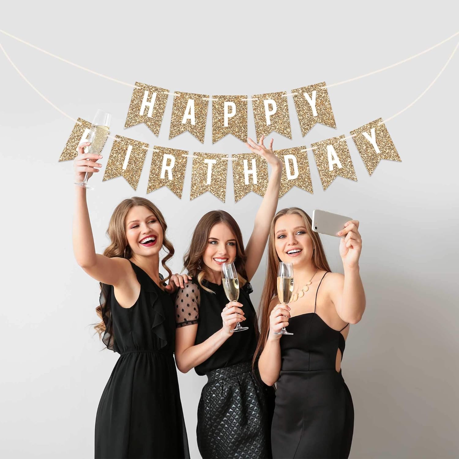 Pre-Strung Gold Glitter Happy Birthday Banner