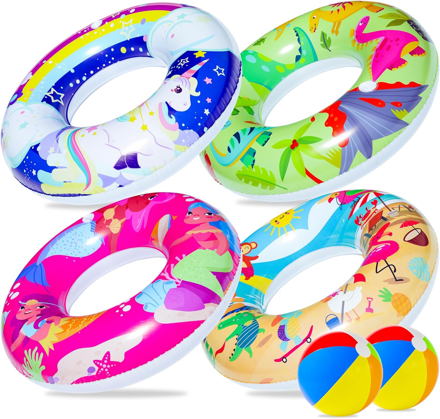 Parentswell 6PCS Big Pool Floats Tubes with Swim Rings and Beach Balls