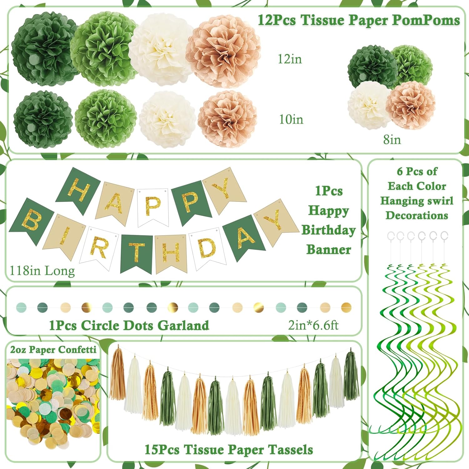Green Birthday Decorations Kit with Pom Poms and Banner