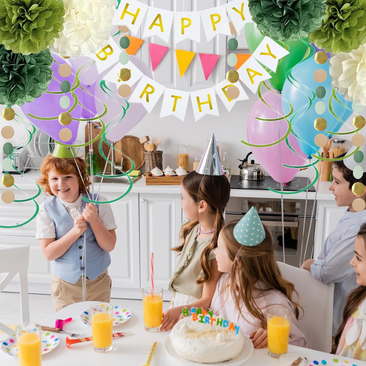 Sage Green Birthday Decor Set with Pom Poms and Banner
