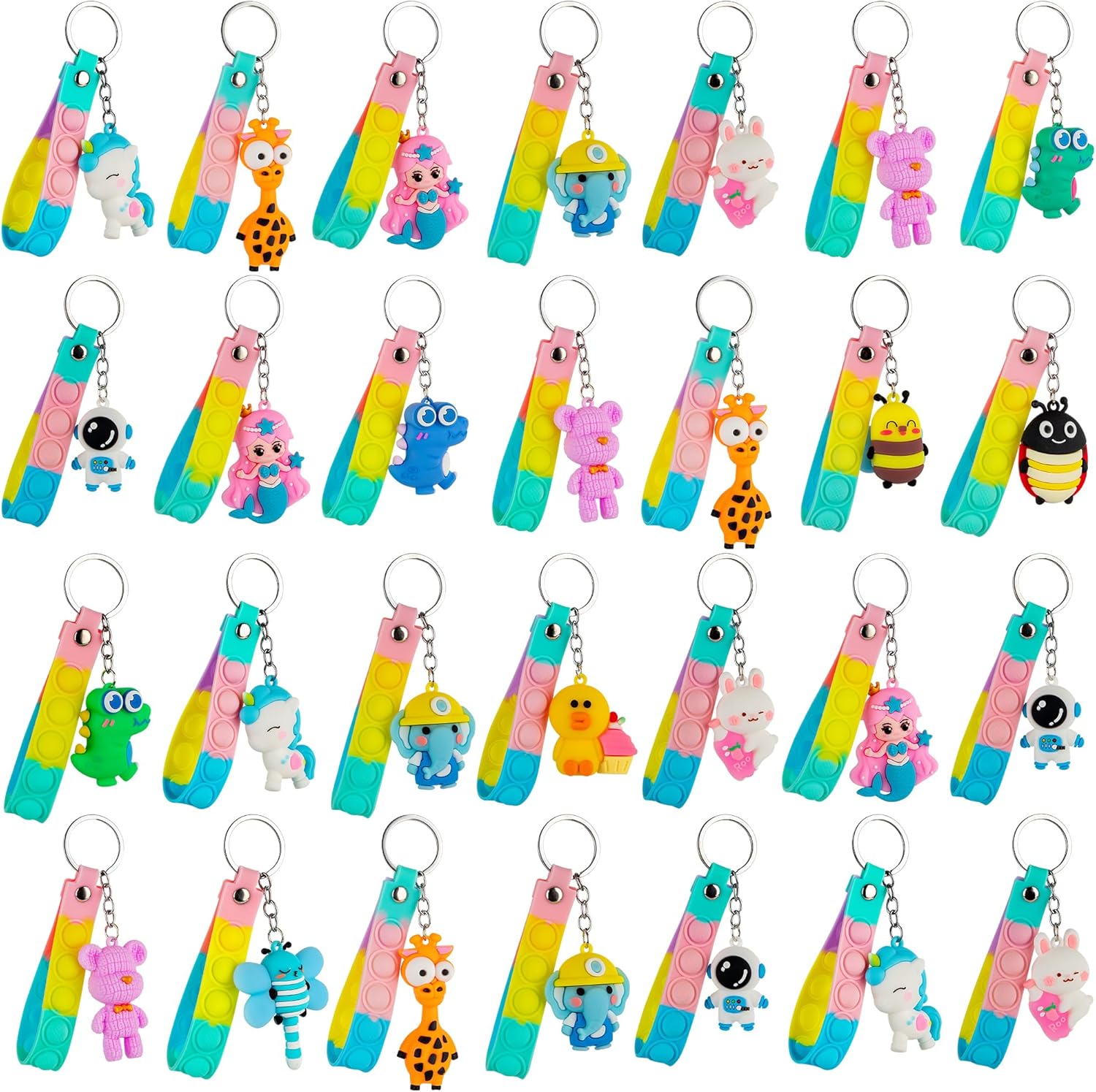 28 Pack Pop Fidget Toys with 3D Animal Keychains for Kids