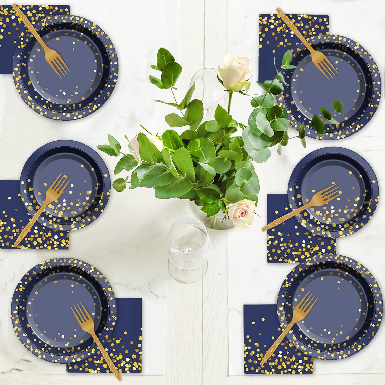 96 Pcs Blue Gold Dot Party Tableware Set