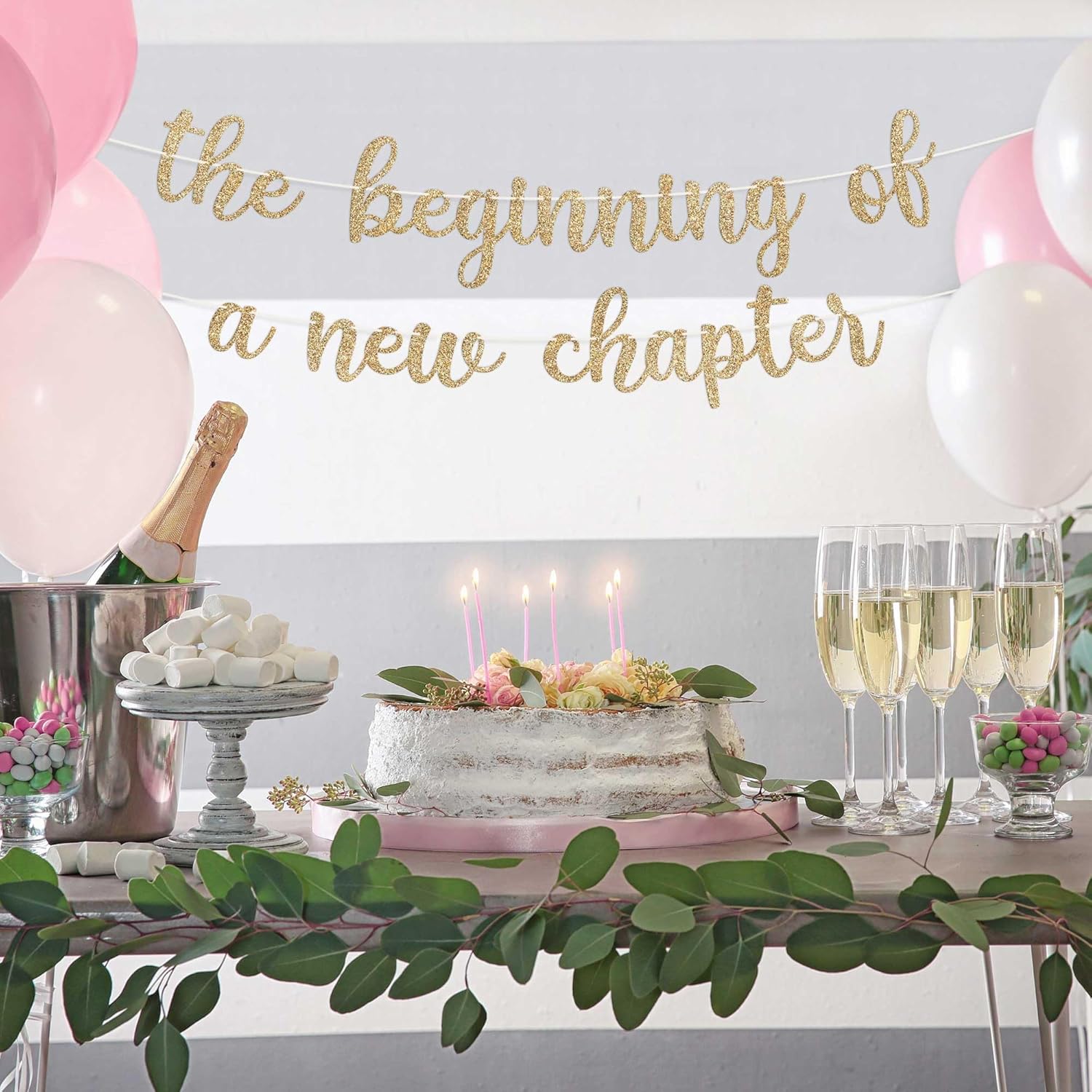Pre-Strung New Chapter Banner - Gold Glitter Party Decor
