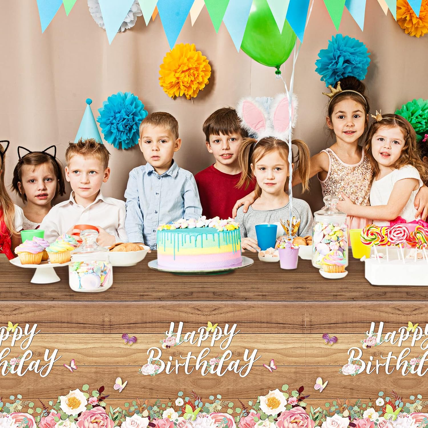 Floral Birthday Tablecloths with Butterfly Design 3 Pcs