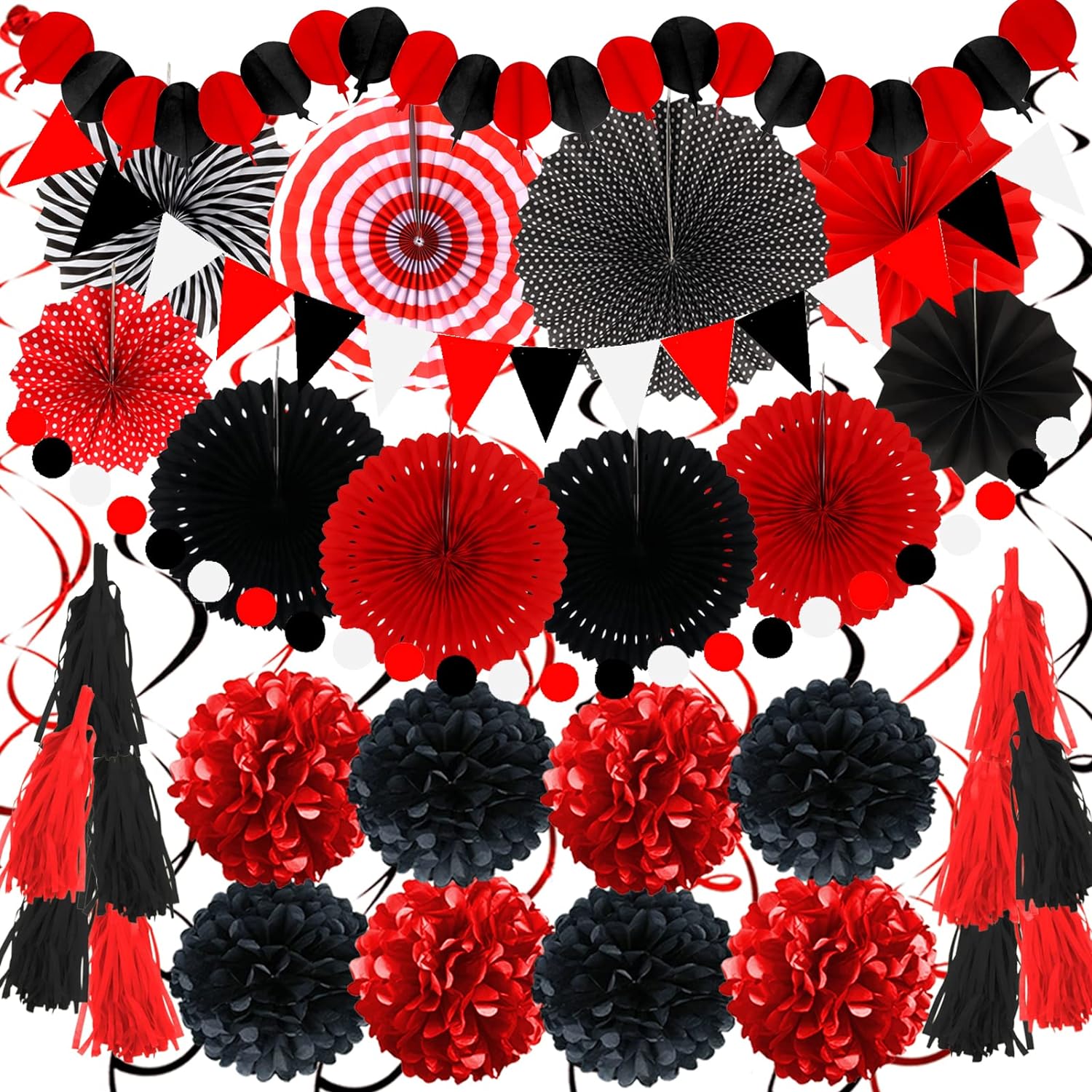 ZERODECO Black and Red Tissue Pom Poms Garland Decor