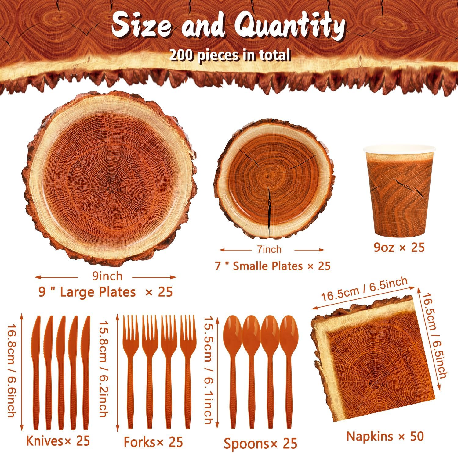 200 Piece Rustic Wood Grain Tableware Set for Camping and Birthday Parties