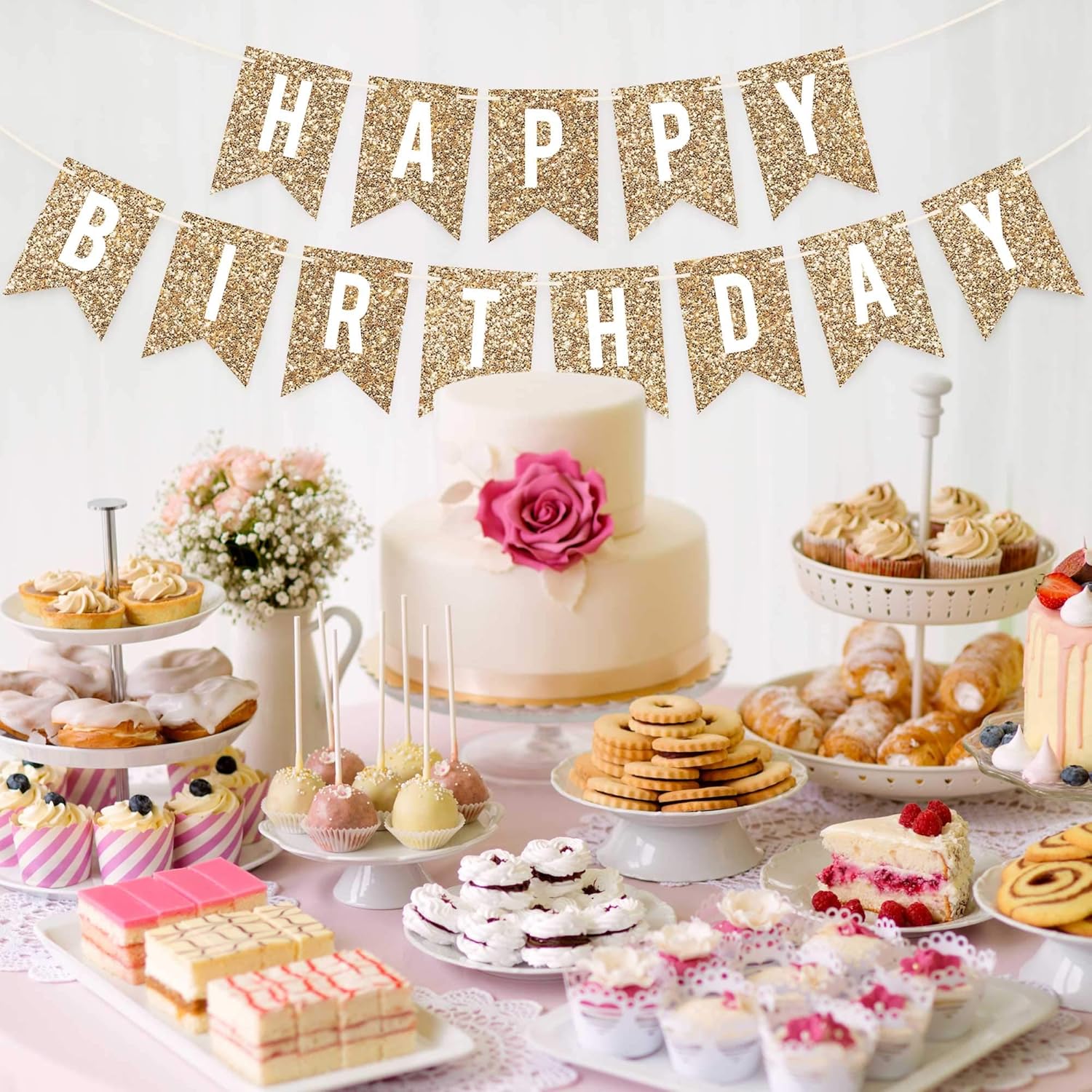 Pre-Strung Gold Glitter Happy Birthday Banner