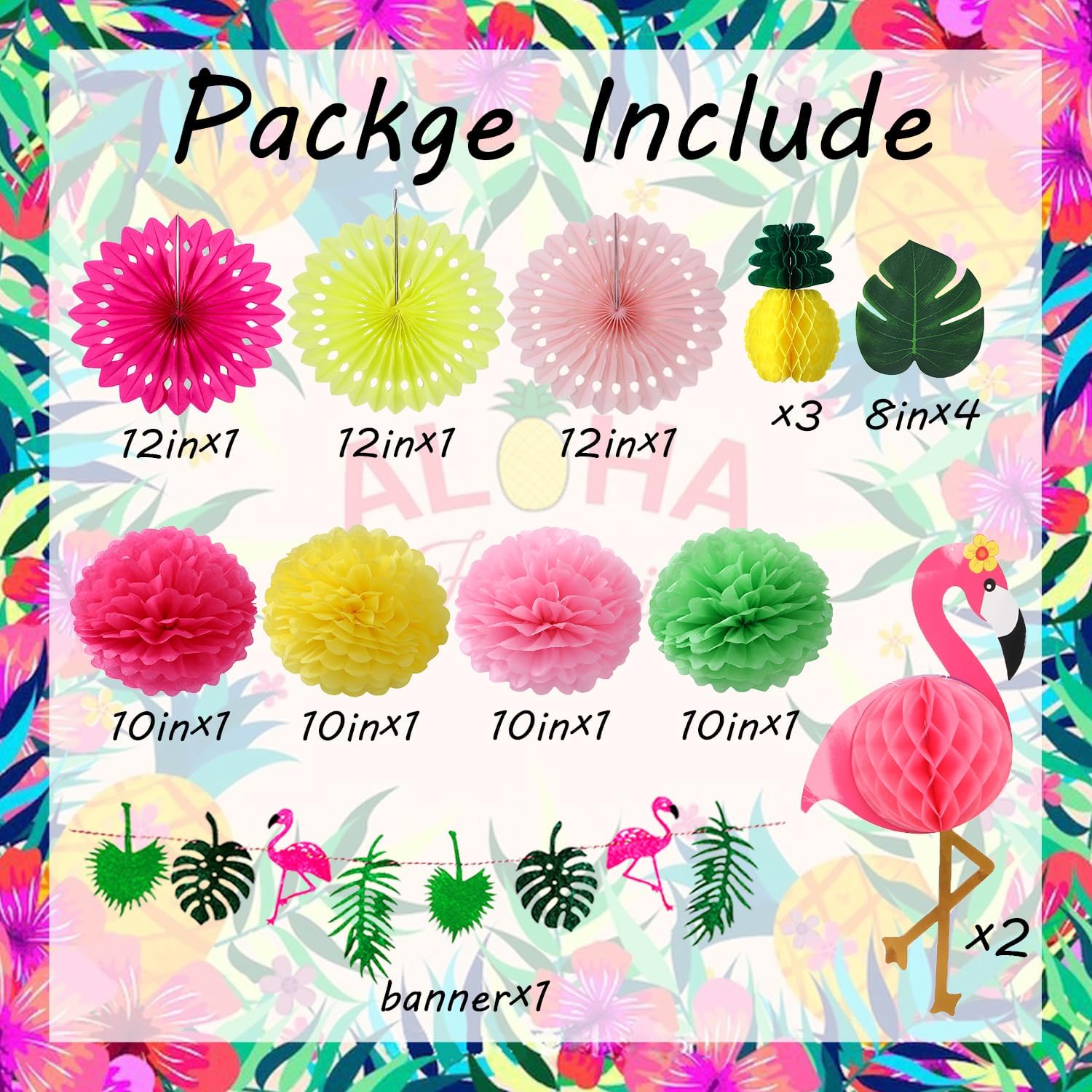Hawaiian Tropical Party Decor Set with Pom Poms and Fans