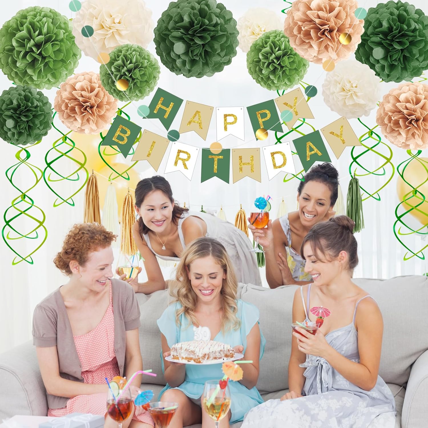Green Birthday Decorations Kit with Pom Poms and Banner