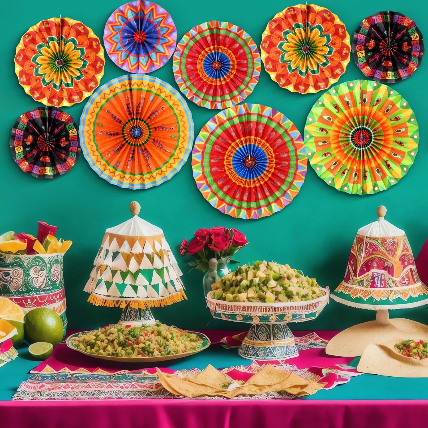 Outus 9 Pcs Mexican Fiesta Hanging Paper Fans Decorations
