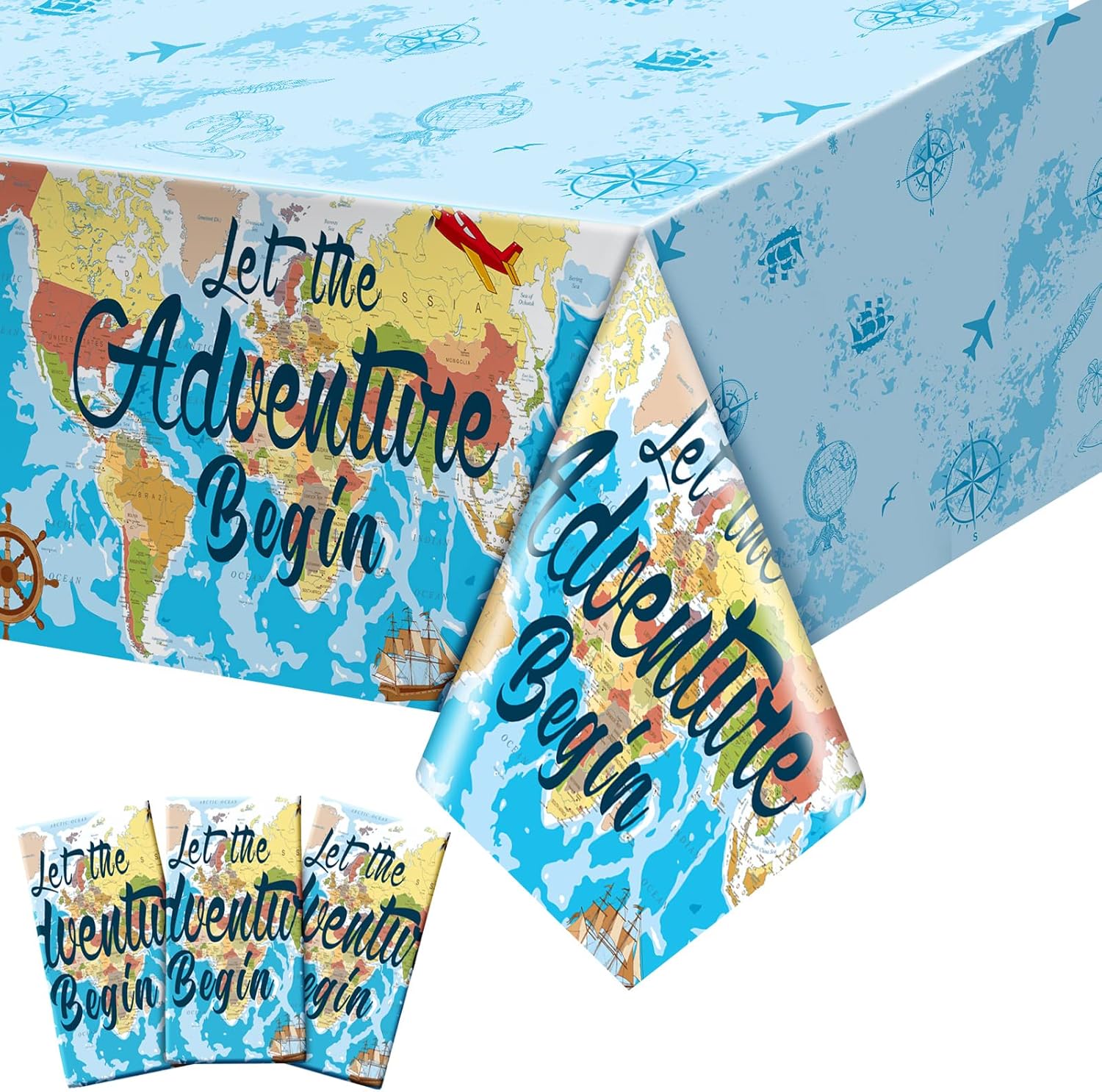 Frienda 3 Pcs Travel World Map Tablecloth Set Blue