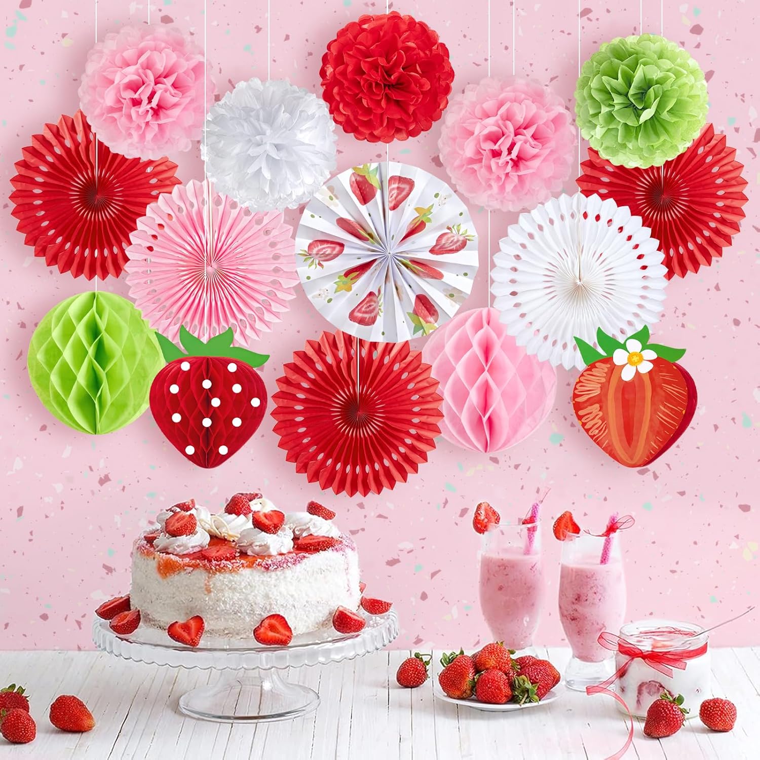 Strawberry Tissue Paper Fans Decor Set