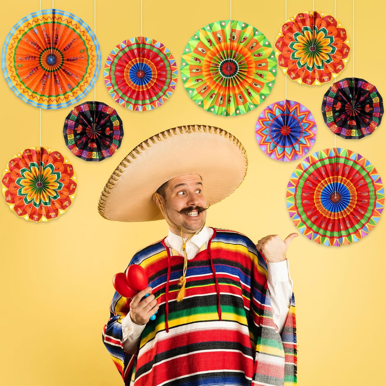 Outus 9 Pcs Mexican Fiesta Hanging Paper Fans Decorations