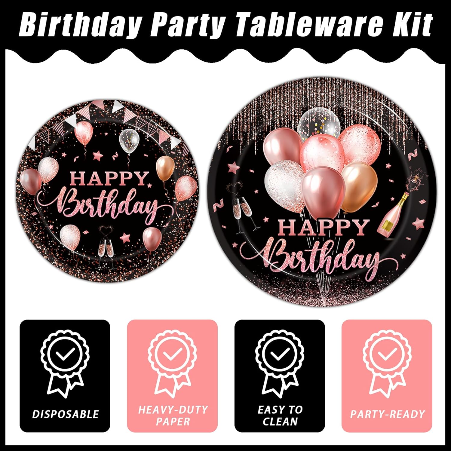 96 Pcs Rose Gold Birthday Plates Napkins Set for 24 Guests