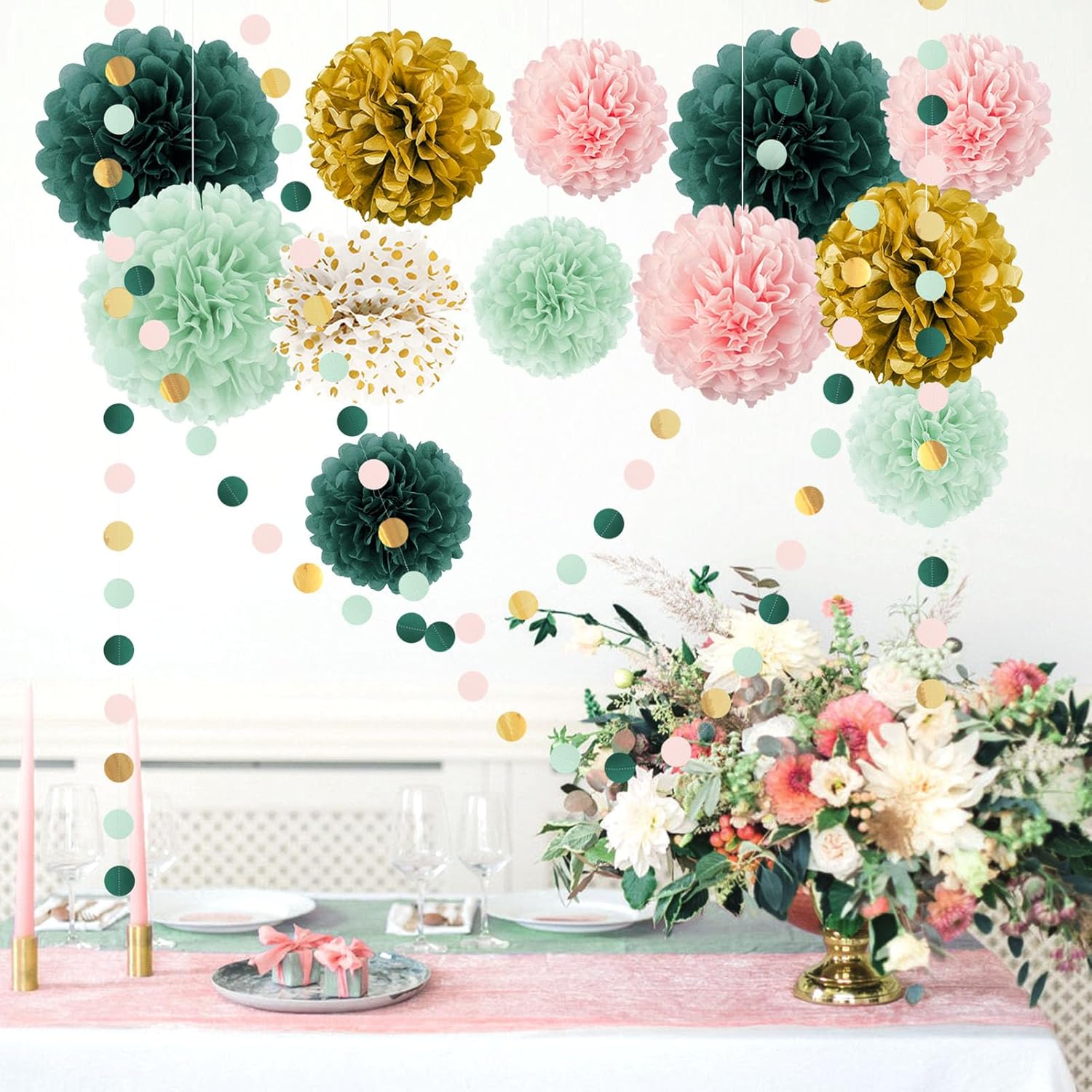 AOBKIAT 15PCS Tissue Paper Pom Poms Garland Decor Set