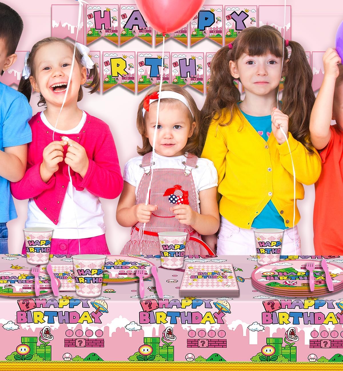 122Pcs Super Bros Peach Party Tableware Kit for 20 Guests