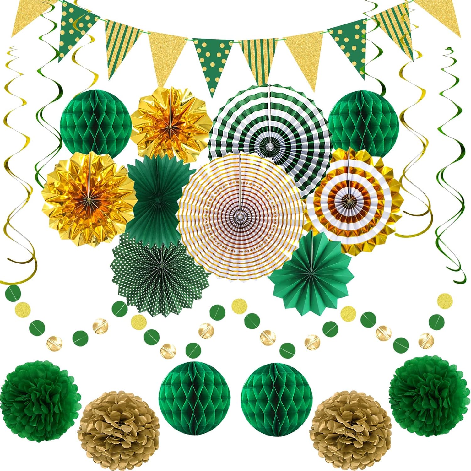 Green Gold Party Decorations Set with Fans and Flags