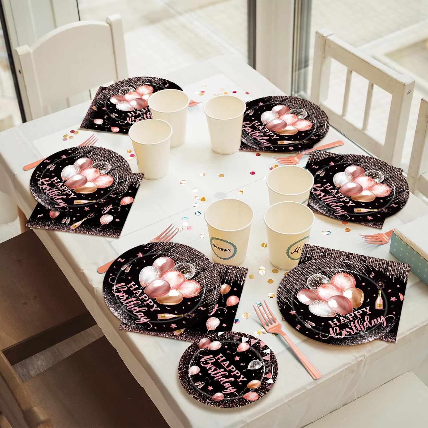 96 Pcs Rose Gold Birthday Plates Napkins Set for 24 Guests