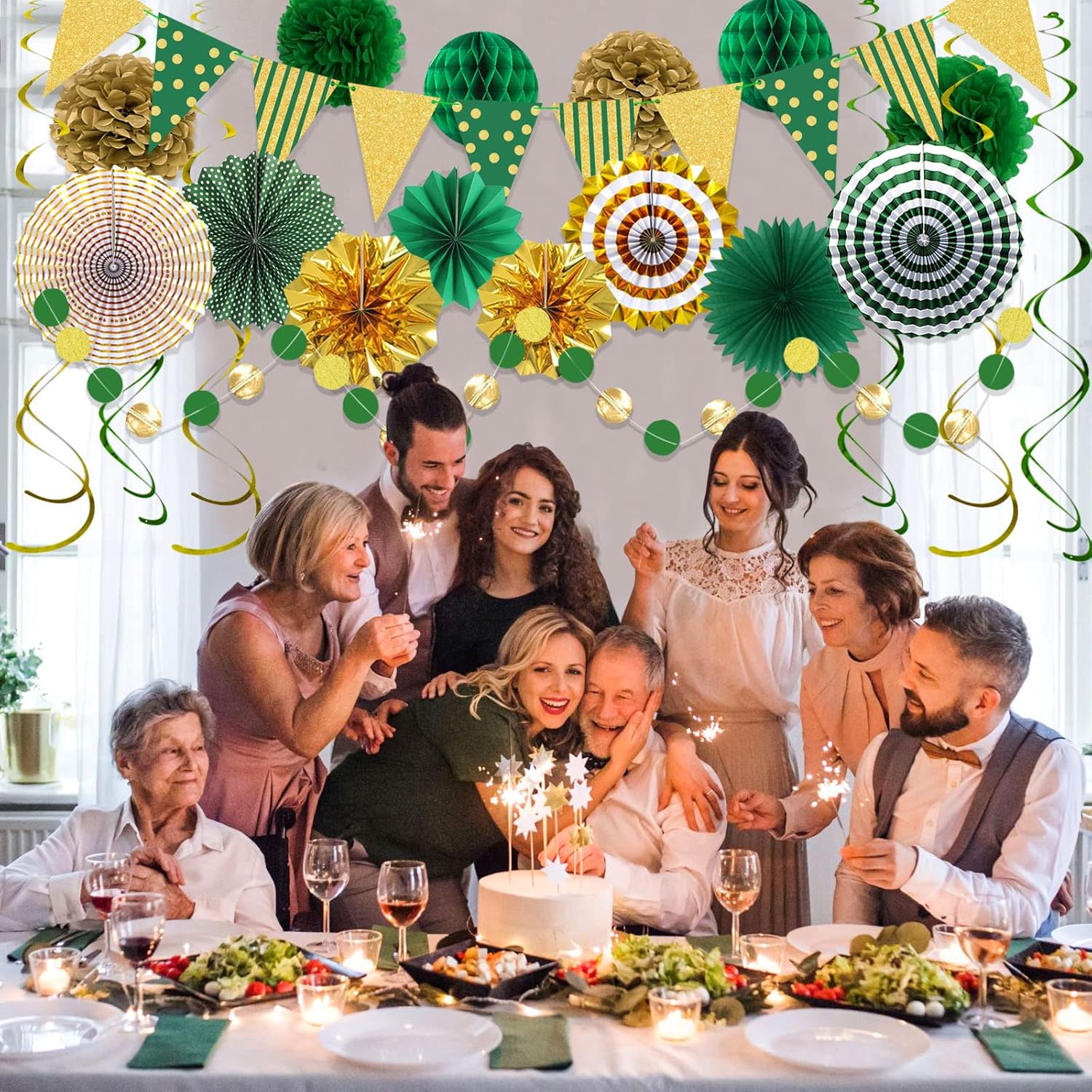 Green Gold Party Decorations Set with Fans and Flags