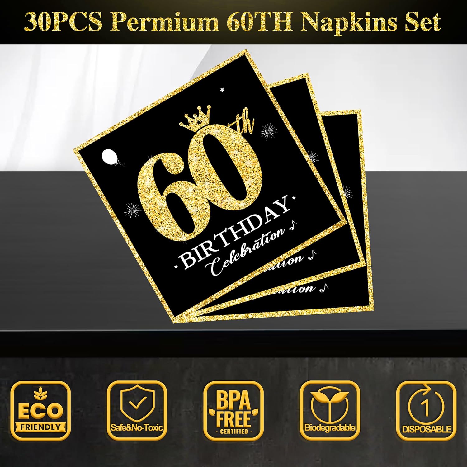 60th Birthday Plates and Napkins Set Black Gold