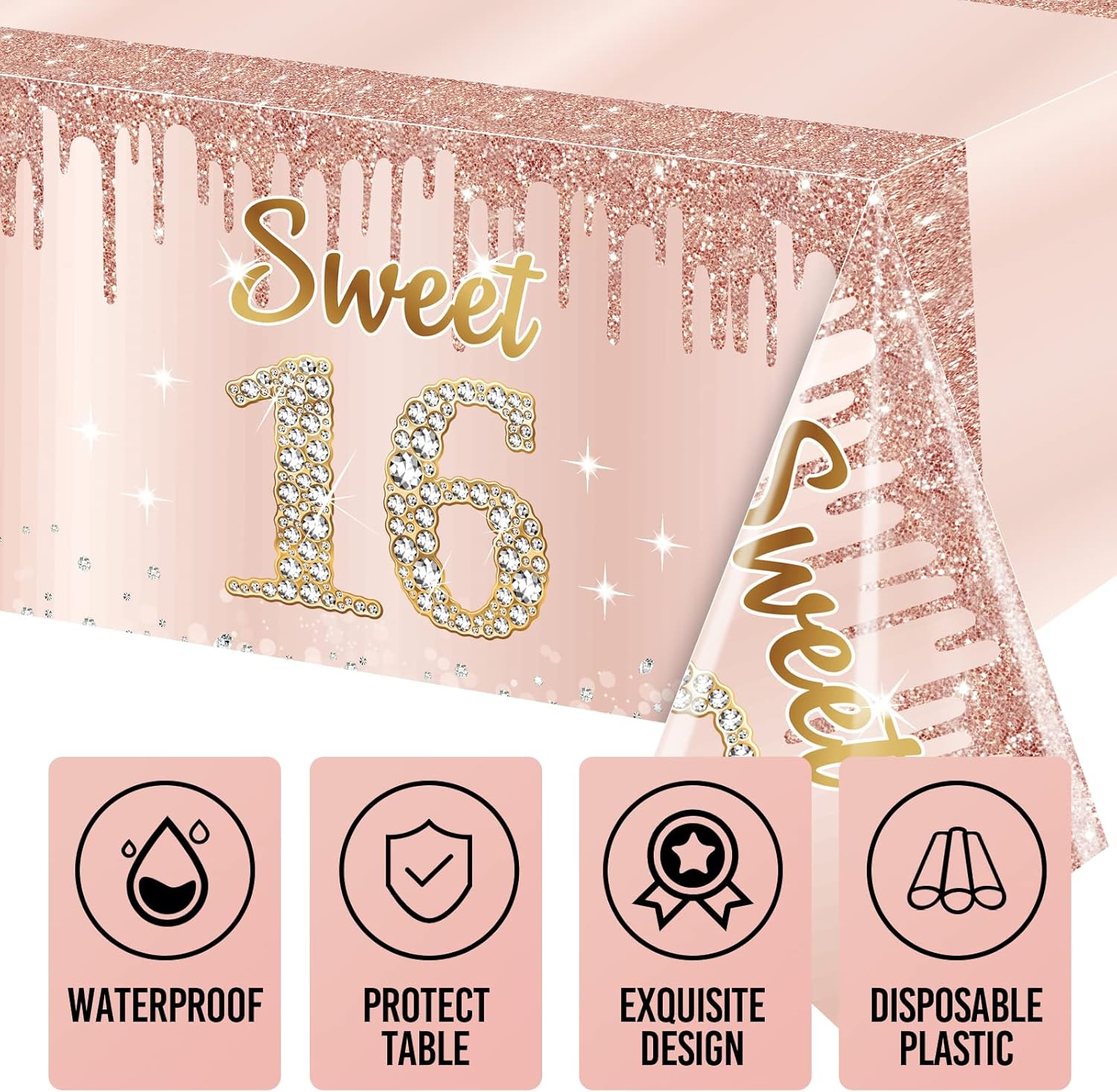 Sweet 16 Pink Rose Gold Birthday Tablecloth Decorations 3 Pack