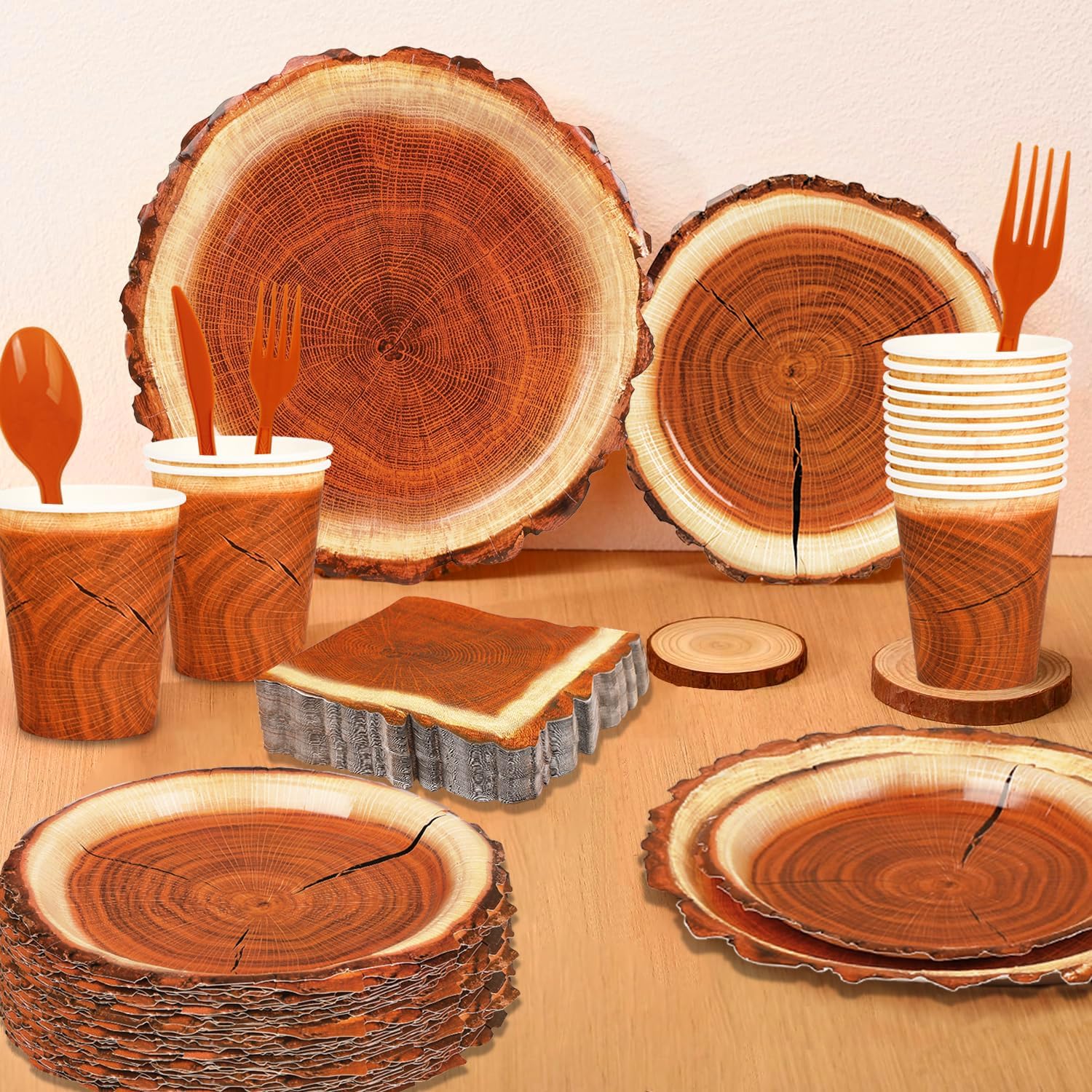 200 Piece Rustic Wood Grain Tableware Set for Camping and Birthday Parties