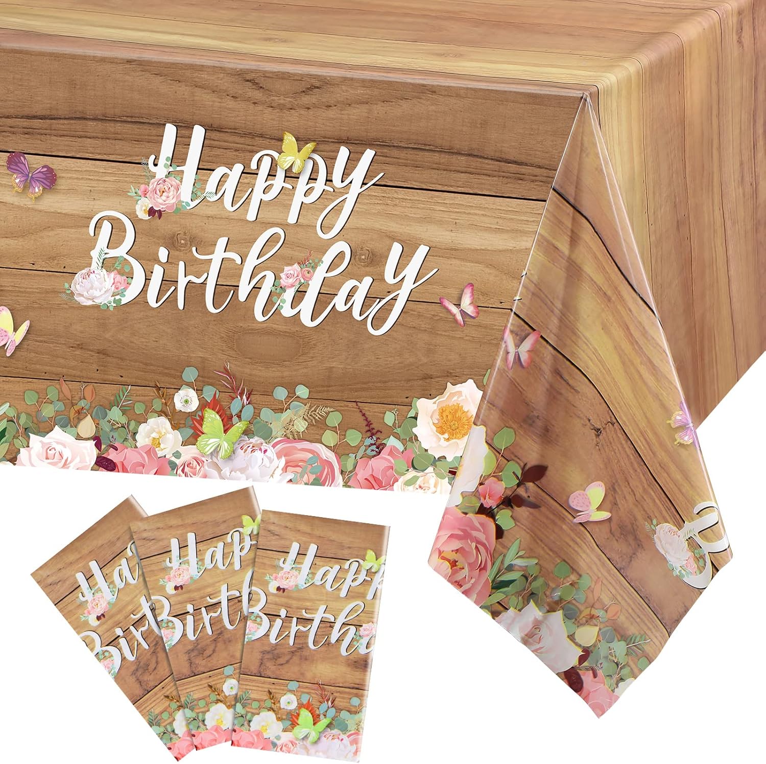 Floral Birthday Tablecloths with Butterfly Design 3 Pcs