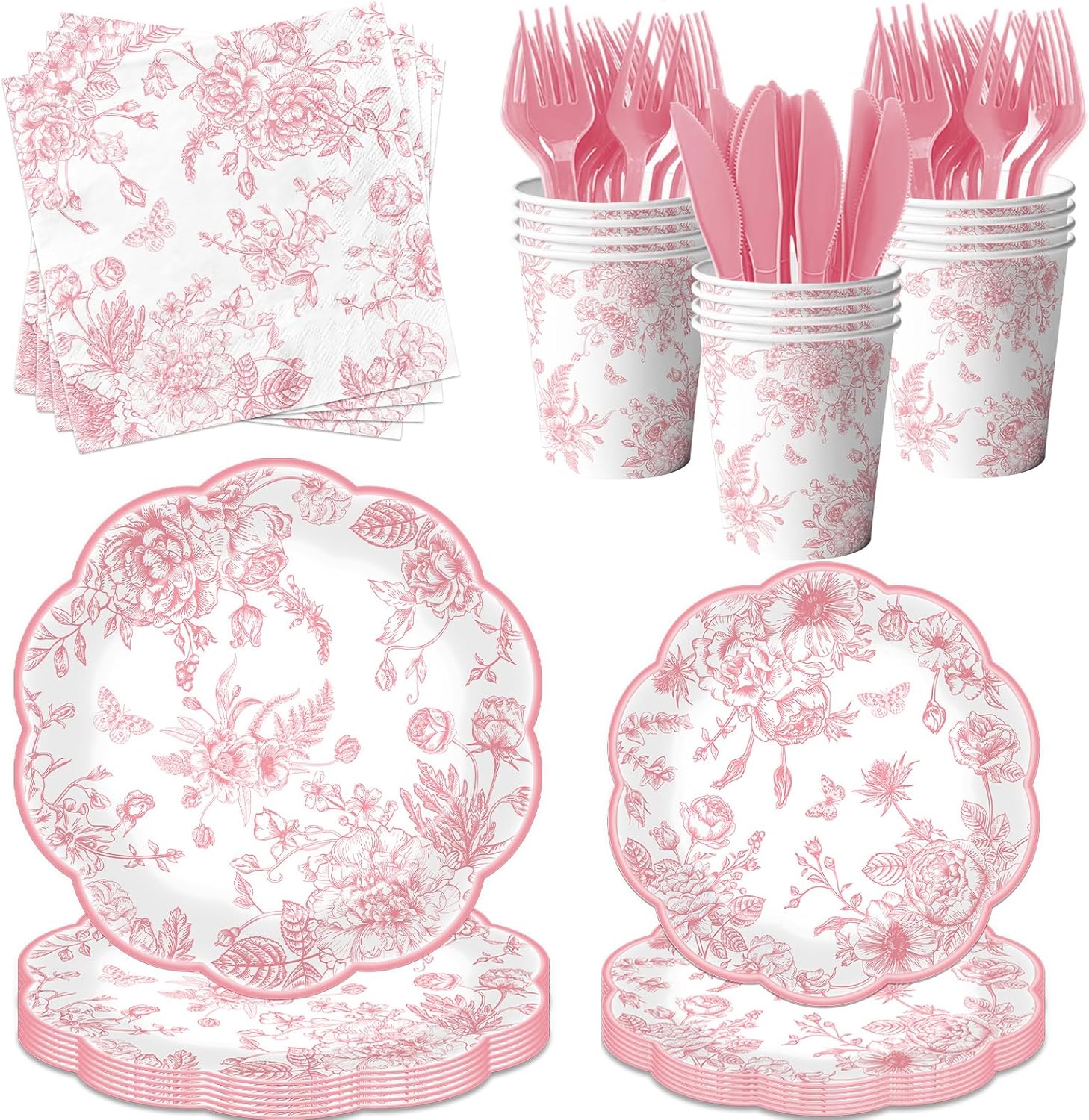 Pink Floral Paper Plates 144Pcs Wedding Tea Party Set
