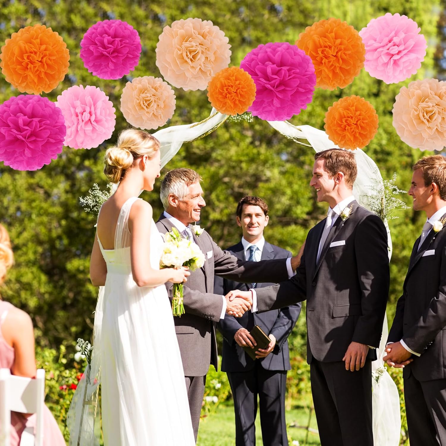 BestoFun 16 PCS Hot Pink Orange Party Decorations Pom Poms