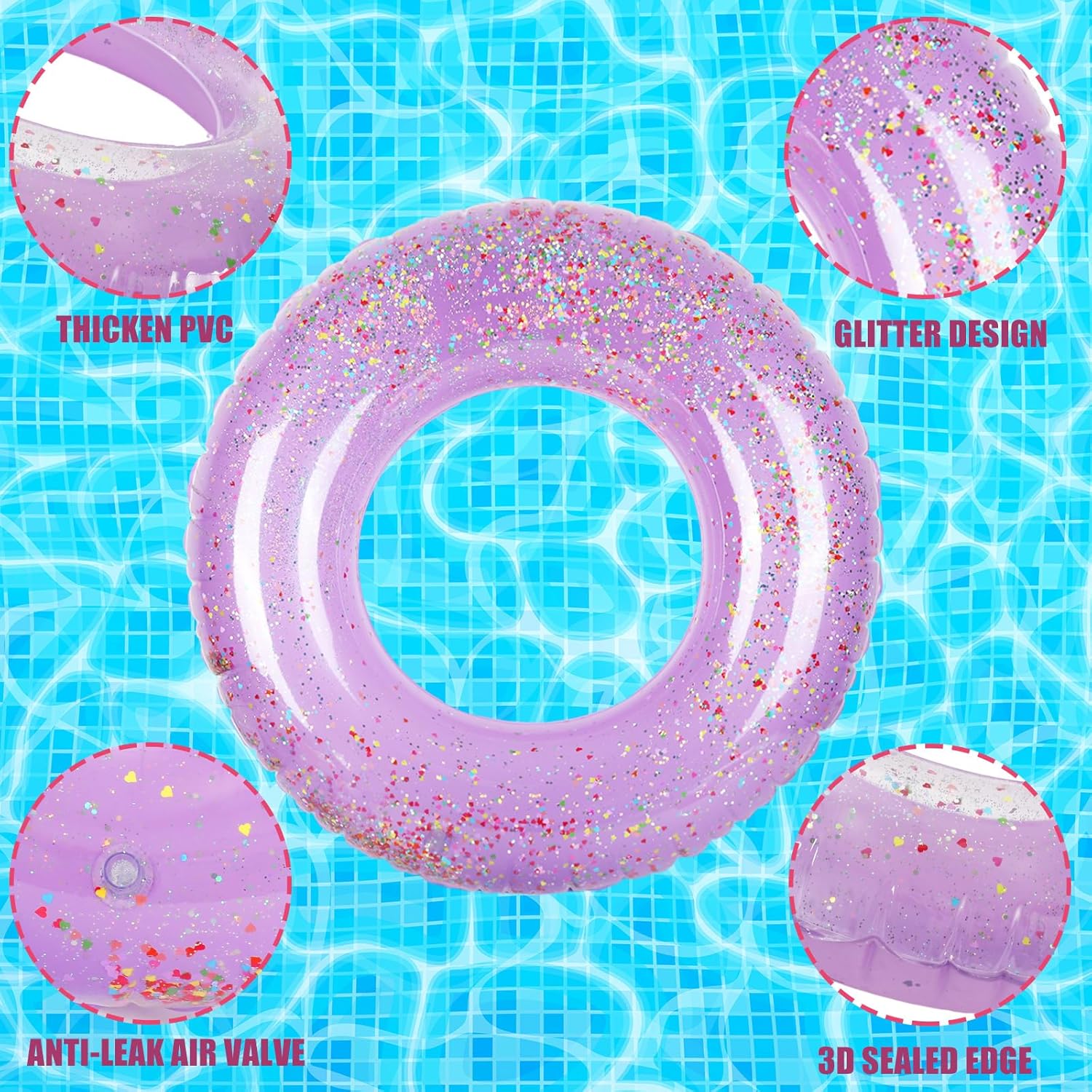 Whaline 3Pcs Purple Glitter Inflatable Swim Rings