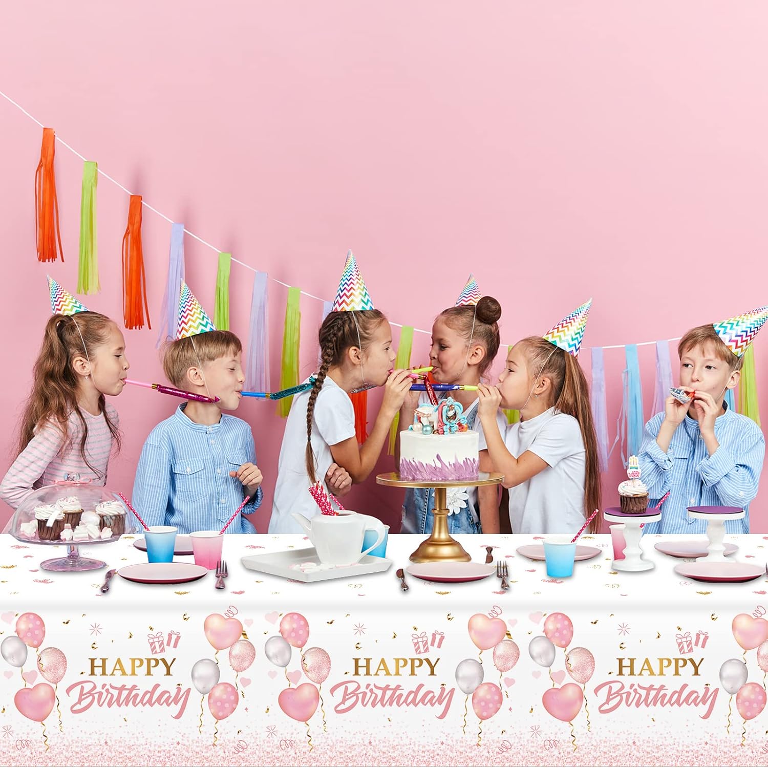 3 Pieces Pink Rose Gold Tablecloth for Birthday Parties