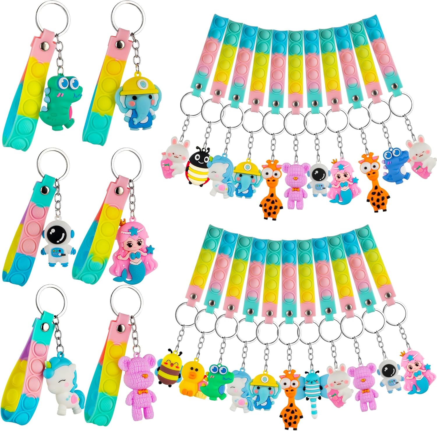 28 Pack Pop Fidget Toys with 3D Animal Keychains for Kids