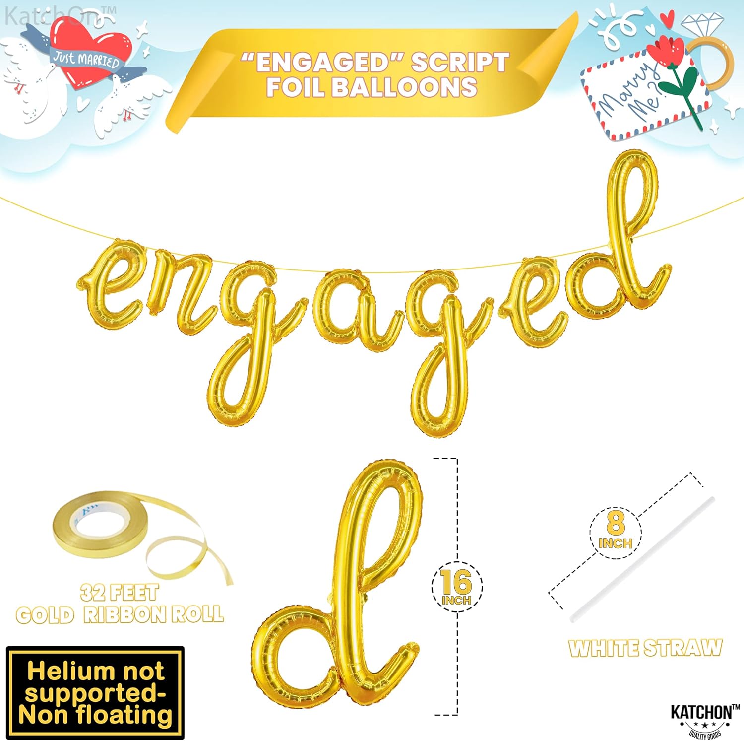 KatchOn Cute Gold Engagement Balloons Letters 10 Feet