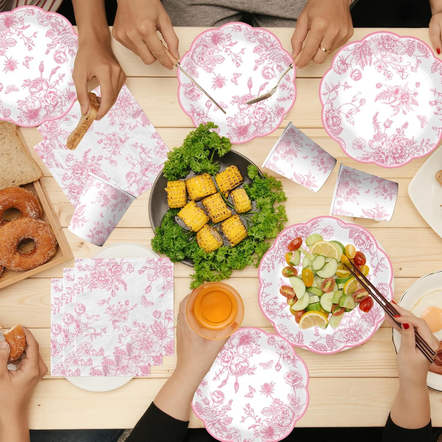 Pink Floral Paper Plates 144Pcs Wedding Tea Party Set
