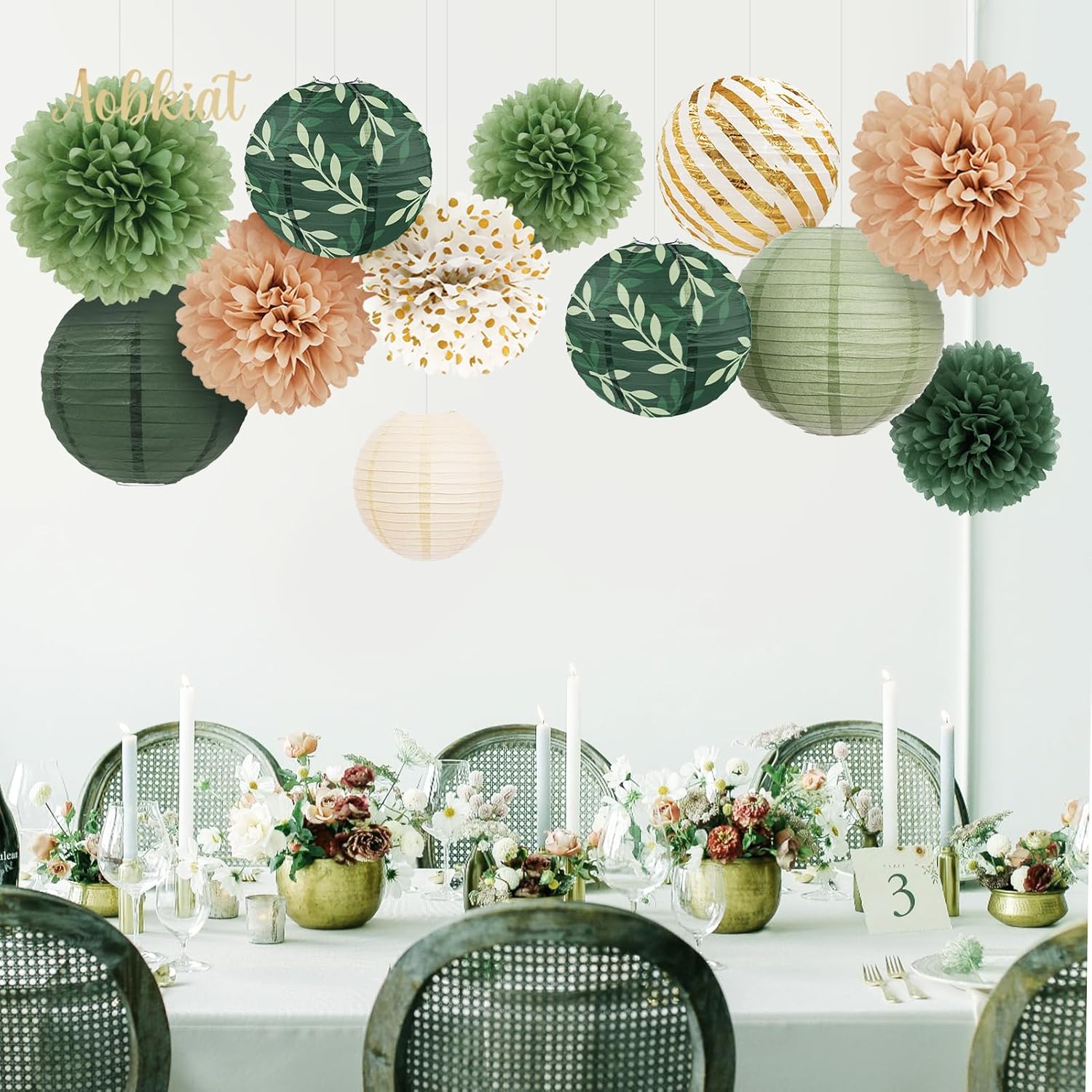 AOBKIAT 12PCS Olive Green Sage Paper Lanterns Set